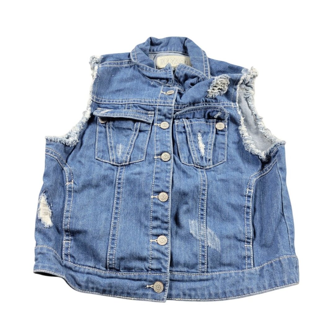 Rock & Roll Denim Vest Womens XL Patriotic Distressed Biker Trucker Cowgirl